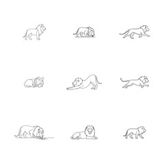 Set of Lion Character Outlines in Various Poses for Coloring Book.