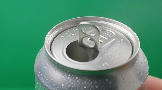 Opening a Cold Beverage Can: Hand Lifts Tab, Liquid Fizzes, Top Opens