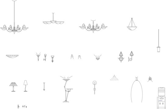 Technical vector illustration of various interior lighting fixtures, featuring chandeliers, pendant lights, floor lamps, and wall sconces
