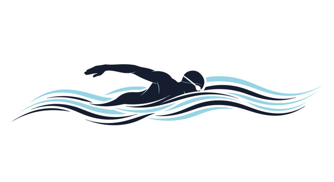 Silhouette of a swimmer in motion with wavy lines.