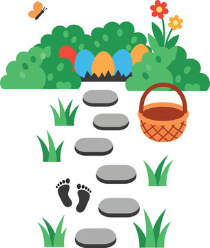 Easter egg hunt garden path with stepping stones and basket flat vector illustration