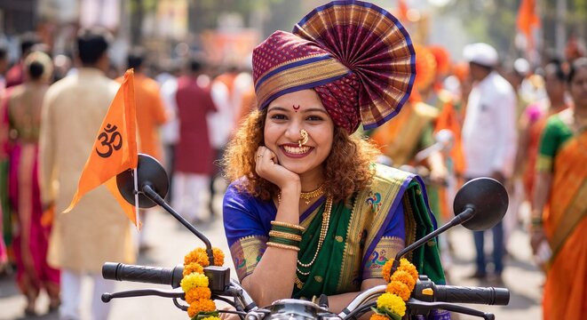 Happy Maharashtrian Woman Riding Bike in Nauvari Saree and Pheta - Gudi Padwa Shobha Yatra Celebration
