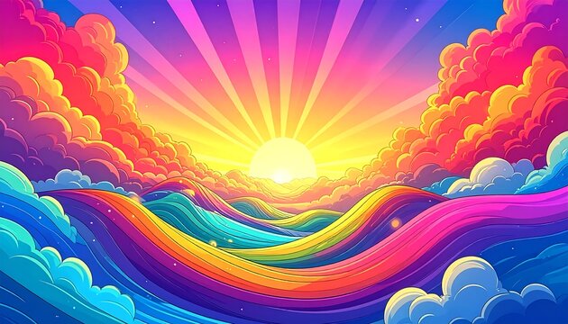 Vibrant cartoon scene showing colorful waves flowing towards a bright sun breaking through rainbow-colored clouds in the sky