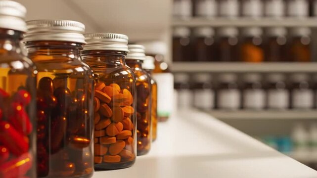 Row of amber glass bottles filled with various colored pills and capsules on white shelf in pharmacy