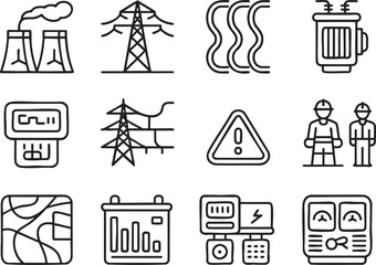 Fototapeta premium Set of black and white representing industrial equipment, power lines, workers, and technology