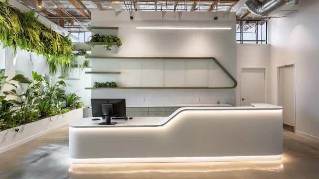 Modern multidisciplinary wellness clinic reception bathed in soft morning light with sleek integrated checkin counter and calming greenery in background out of focus.