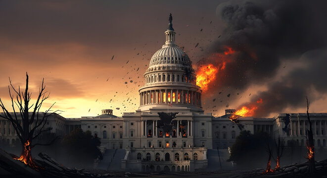 The US Capitol building engulfed in flames during a chaotic and destructive crisis