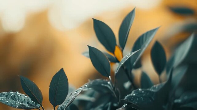 Fresh green leaves glistening with morning dew or recent rain drops, reflecting soft golden sunlight in a vibrant outdoor scene symbolizing nature, growth, and purity