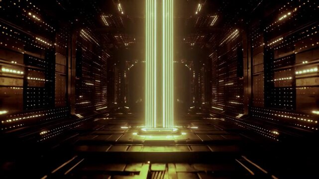 Vertical beam of AI-powered golden light lifting a corporate logo upward through a futuristic office tower, 4k cinematic.