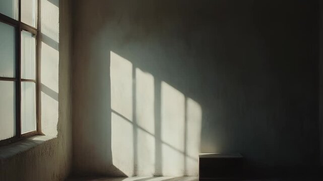Sunlight creating an interplay of light and shadow on the textured walls and floor of a minimalist empty room, highlighting a rustic window frame and serene atmosphere