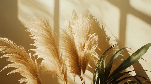 Pampas grass and green palm leaves decorating a neutral wall, creating a soothing natural aesthetic with warm sunlight illuminating the textures and casting gentle shadows