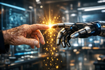 Human and Artificial Intelligence Connection, Futuristic Robot and Human Hand Touching with Spark of Innovation