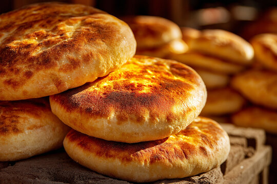 A close-up of freshly baked Omani bread ('Khubz'), golden brown and warm, emphasizing traditional baking and daily sustenance.