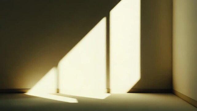 Warm sunlight streams into an empty room, creating abstract geometric patterns of light and shadow on the wall and floor, evoking feelings of peace and simplicity
