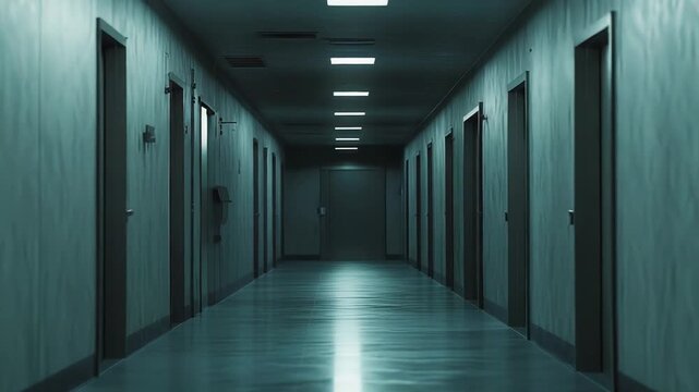 Empty corridor inside a building featuring symmetrically aligned doors and overhead lights, creating a sense of solitude, mystery, and an eerie, liminal space