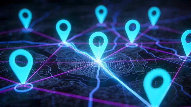 A futuristic city map featuring glowing blue location pins connected by purple lines. Illustrates modern navigation, urban planning, global connectivity, and logistical networks. Ideal for travel, tec