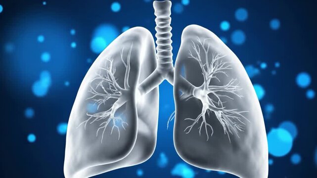 Glowing lungs with trachea on blue background with bokeh effect