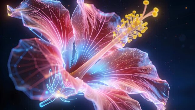 A vibrant, glowing hibiscus flower illustration. The flower features neon blue and pink hues, with a digital, polygonal design. It evokes feelings of energy and creativity. Use for modern art