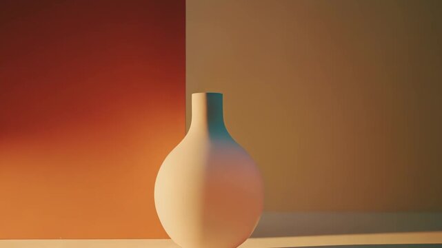 Modern white ceramic vase showcasing sleek form and design, creating a sense of calm and abstract simplicity against a contrasting split color background with warm and cool light