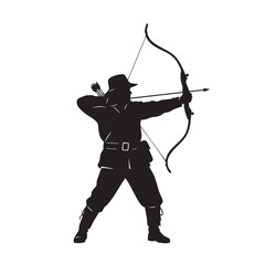 Fototapeta premium Silhouette archer wearing hat and traditional clothing, man aiming bow and arrow, side view isolated black vector illustration for historical or hunting design elements