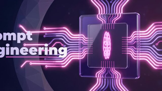 Futuristic animation showing prompt engineering with a glowing neon brain icon on a cpu, representing the power of artificial intelligence, machine learning, and neural network data processing