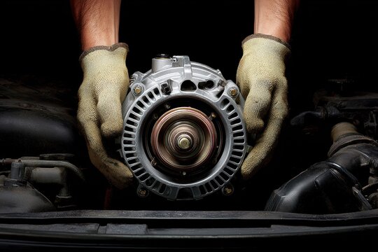 Mechanic Inspects Alternator, Car Maintenance and Repair in Auto Workshop