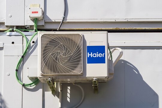 Barcelona, Spain - June 6, 2020. Haier air conditioner, a Chinese multinational consumer electronics company based in Qingdao, Shandong, China.