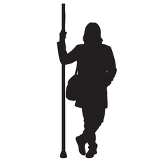 Naklejka premium Woman Silhouette Leaning on Pole Young Person Standing Support Device Urban Lifestyle Concept Black Graphic Design Vector Illustration