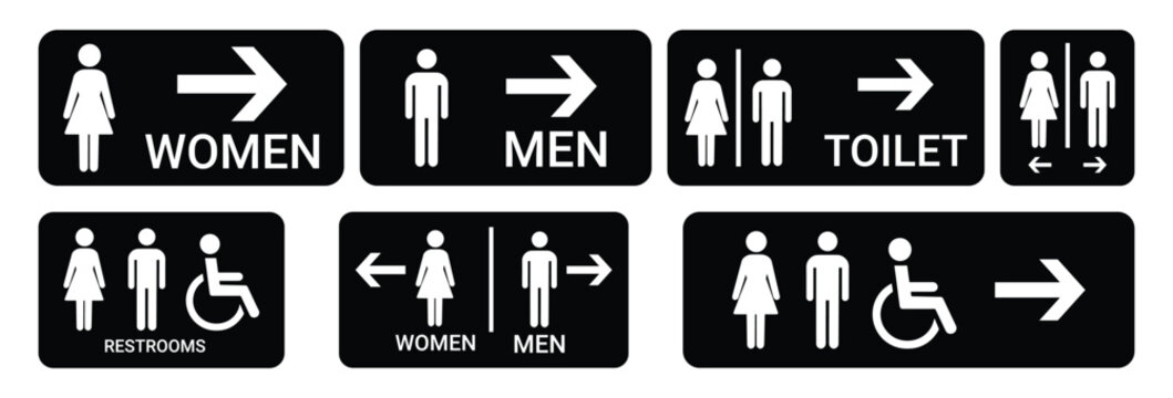 Toilet icons set. Men and women restroom icon sign right arrow. Disabled wheelchair icon. Vector Illustration	