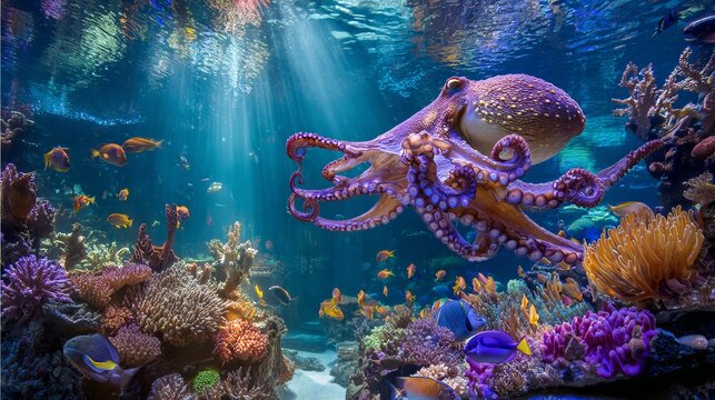 A vibrant purple octopus swims through a colorful coral reef teeming with fish and sea life in the ocean.