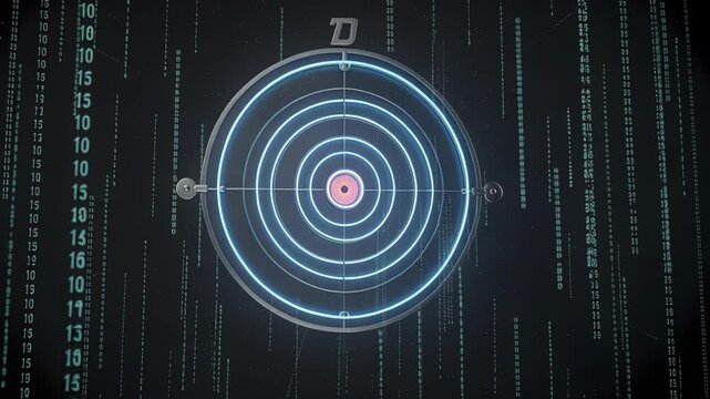 Dart hits target for success concept, metaphor for focus and achievement with glowing circle rings and data streams conveying precision and strategy