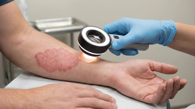Close up of a doctor's hand in a blue glove using a lighted dermatoscope to examine a patient's arm affected by psoriasis, diagnosing the skin condition in a medical clinic