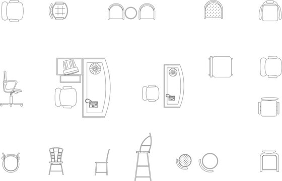 Technical vector illustration of office workstations and various chair designs from a top view, featuring desks, office chairs, and stools.