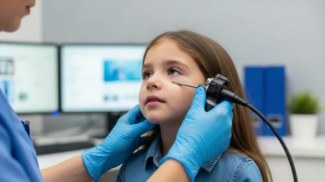 A young girl sits in a doctors office getting her ear examined with an otoscope by a medical professional wearing blue gloves