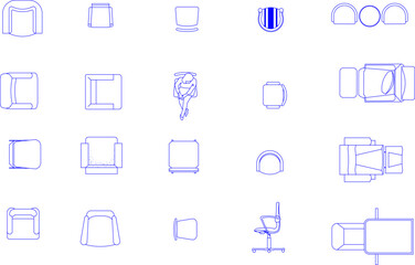 Fototapeta premium Technical vector illustration of various chair designs from a top view, featuring armchairs, office chairs, and stools in blue line art.