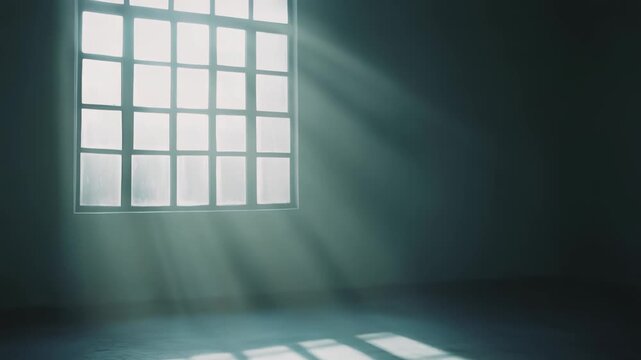 Sun illuminating an empty concrete room through a gridded window, creating strong shadows and a dusty atmosphere, symbolizing hope, freedom, and new beginnings