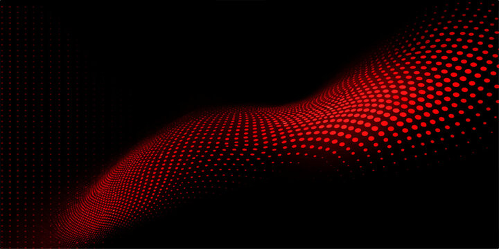 Abstract red and black background featuring a halftone wave pattern and vector grid lines with orange light effects for a modern textured wallpaper design element