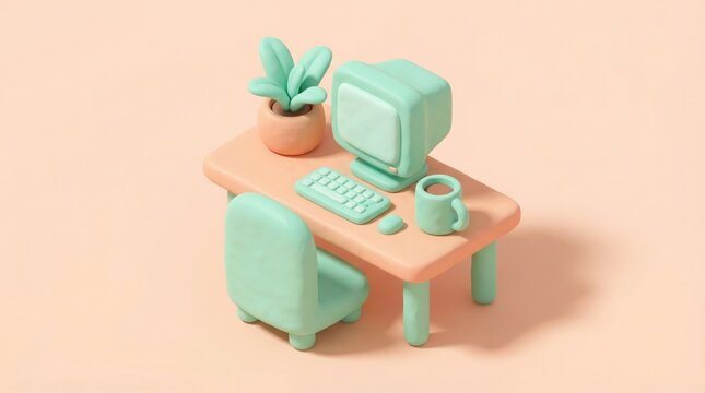 Pastel Office Setup: A whimsical desk setup features pastel-colored furniture, complete with a computer, potted plant, and coffee mug, offering a cheerful workspace aesthetic.