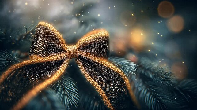 Golden bow on pine branches