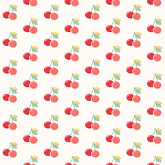 Repeating pattern of red cherries with leaves on cream background