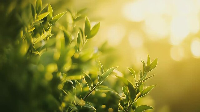 Lush green leaves on a plant branch thrive in warm sunlight, creating a soft, blurred golden foreground and background with bright bokeh, symbolizing growth, freshness, and nature