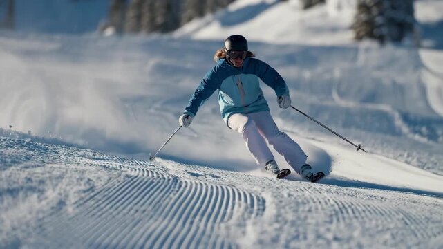 Medium shot of skier carving precise turns on groomed slope with drone overhead capturing detailed stance corrections background softly blurred for focus.
