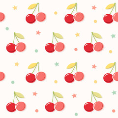 Red cherries with colorful stars and dots, happy Seamless Pattern