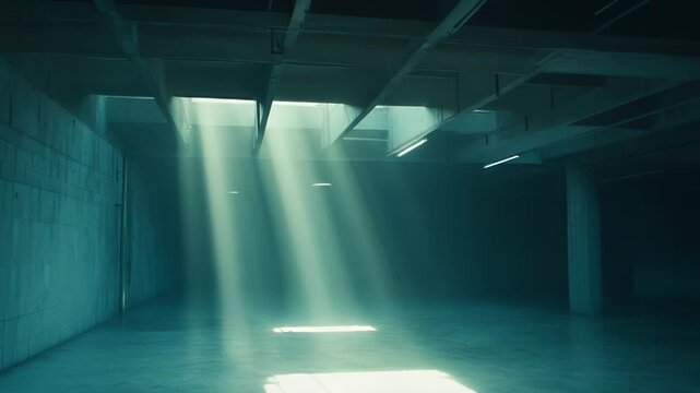 Dark concrete hall lit by dramatic shafts of light through ceiling openings, dust filled air and empty floor create an eerie, atmospheric scene of solitude and contrast