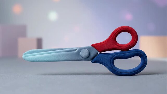 Stop motion animation featuring colorful felt toy scissors opening and closing their blades. The soft, plush shears with red and blue handles move against a creative, out of focus background