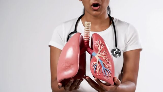 A woman holding a model of human lungs with trachea and bronchi visible