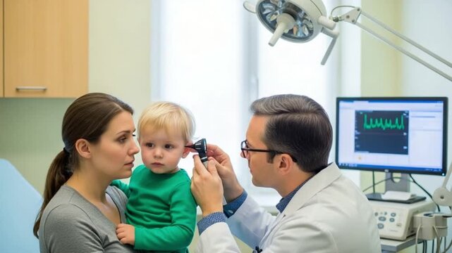 A doctor examines a young childs ear with an otoscope while the childs mother looks on in a medical setting with equipment and a window