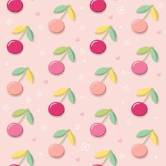 Pink cherries with hearts and flowers, cute Seamless Pattern