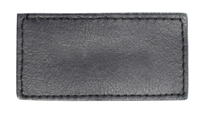 Blank black leather patch with stitching, transparent background