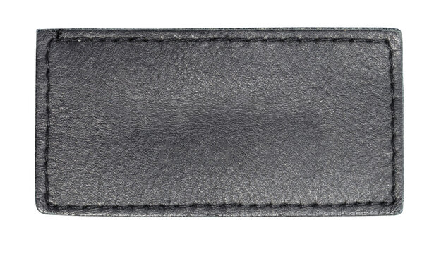 Blank black leather patch with stitching, transparent background